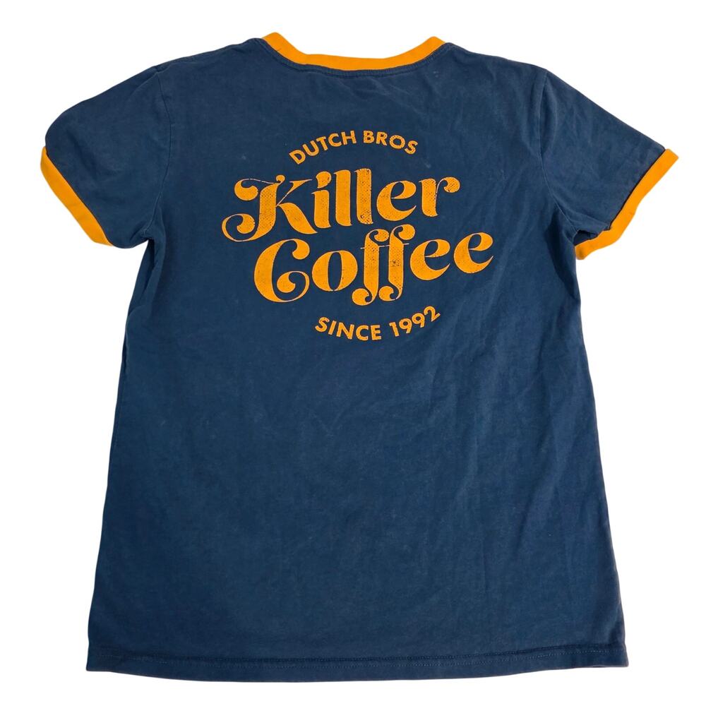 Dutch Bros Killer Coffee Vintage Style Ringer T-Shirt Blue Yellow M Distressed